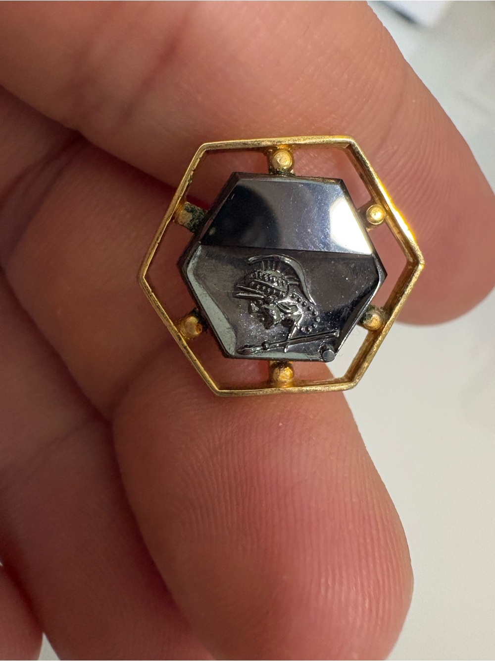 Gold-Tone Hematite Hexagon Roman Gladiator Cameo Ring